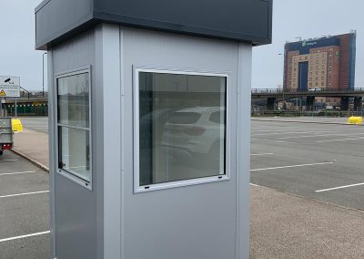 Secutity Kiosks 140cm x 140cm (5ft x 5ft) price includes: electrical installation, wall-mounted electric heater, under window counter and advertising header