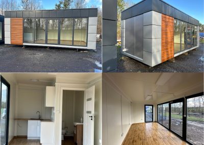 Portable Office 720cm x 300cm – Model 3 – Steel frame 100x100x3 mm; Galvanized external walls with coffers; Roof, walls and floor insulated with 100mm Styrofoam; Aluminum double glazed: door, Aluminum opening window and 4 pcs Aluminum fix windows, partition wall with white internal door, white kitchen cupboards, worktop, sink with drainer,toilet and sink set on a cupboard, water and sewage installation, water heater, electrical installation, wall mounted electric heater.